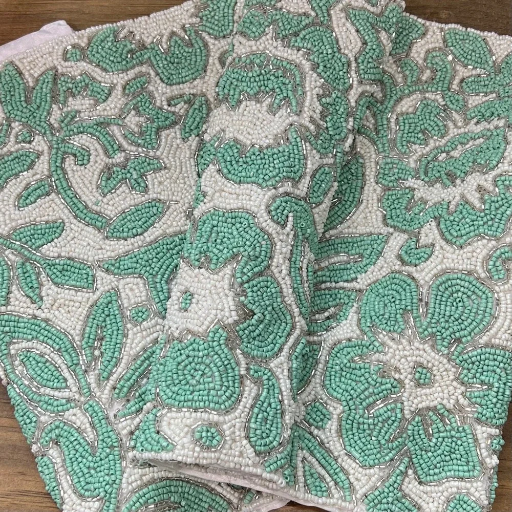 Jaipur in Bloom Beaded Table Runner Centerpiece 13 x 36 Aqua White Silver Floral